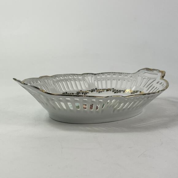 German Porcelain Trinket Dish Victorian Couple Farming Lattice Reticulated Bowl - Picture 3 of 9